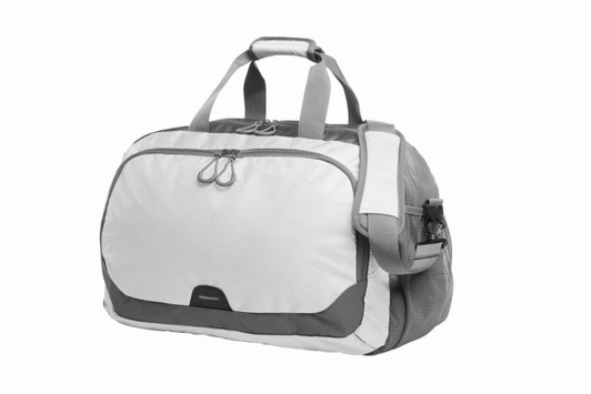 A grey and white duffle bag with dual handles, a shoulder strap, and a logo. Zippered compartments are featured.