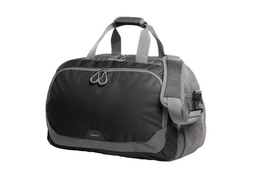 A black and grey duffle bag with dual handles, a shoulder strap, and a front pocket, featuring a logo.
