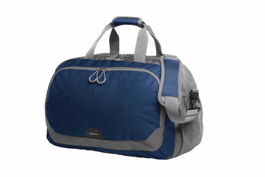 A duffle bag in navy blue and grey with dual handles and a detachable shoulder strap, featuring a logo.