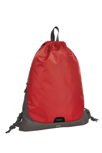 A red and grey drawstring bag with a mesh texture and a branded logo, featuring a 10L capacity.