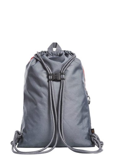 A grey drawstring bag with adjustable cords and a buckle fastening. It features a logo on the surface.