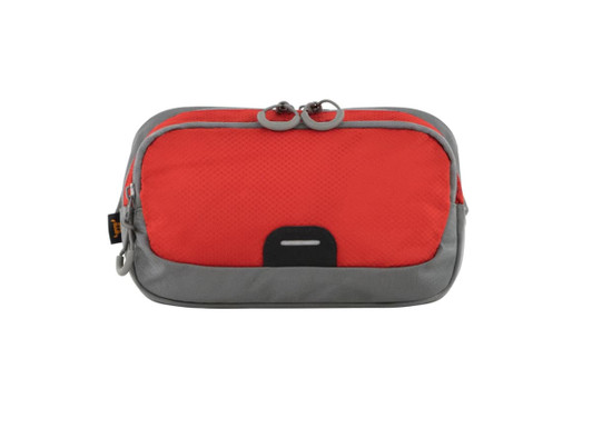 A red and grey waist bag with a logo and dual zippers, featuring a textured surface.