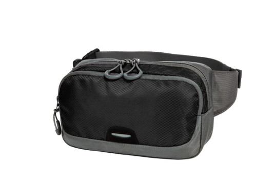 A black and grey bum bag featuring a zippered front pocket and an adjustable strap. It includes a logo.