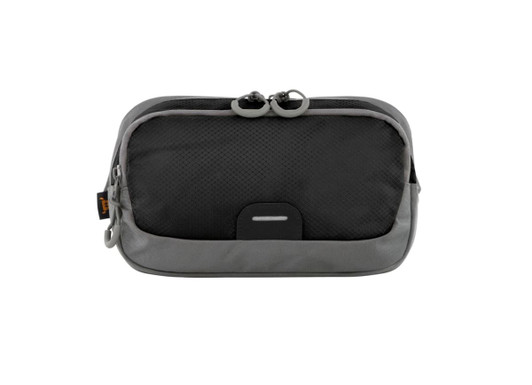 A black and grey bum bag with zipper closures and a simple logo on the side.