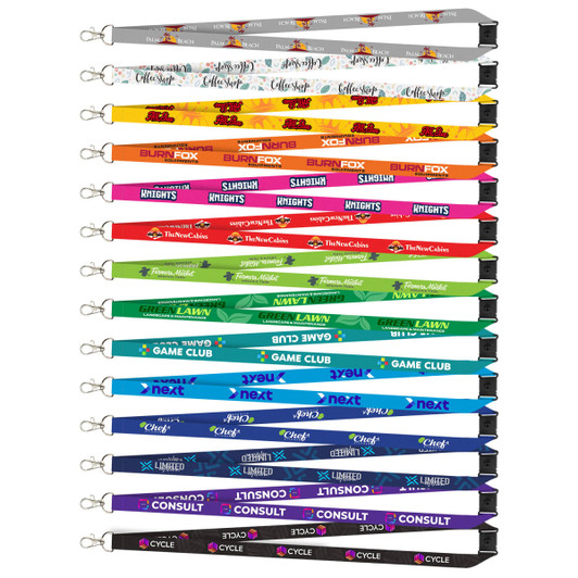 A collection of Colour Max lanyards in various colours, featuring different logos and designs along their lengths.