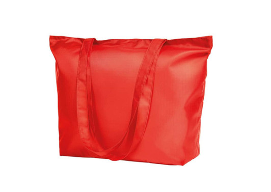 A red tote bag with two sturdy handles and a glossy finish, featuring a logo on one side.