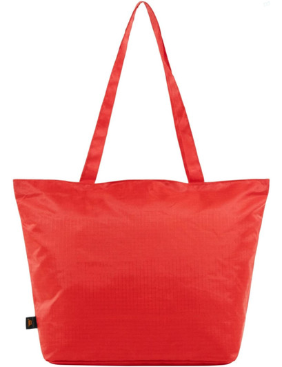 A large red tote bag with two handles and a simple design, featuring a logo.