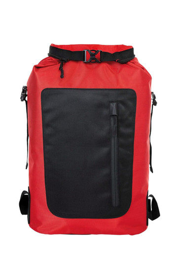 A red backpack with a black front panel, featuring adjustable straps and a side zipper pocket. It has a logo.