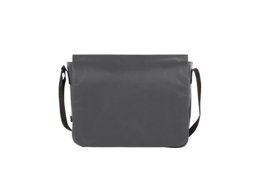 A grey satchel-style shoulder bag with a long adjustable strap and a simple, sleek design. It features a logo.