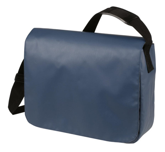 A navy blue shoulder bag with a black adjustable strap and a simple design. It features a logo in one corner.