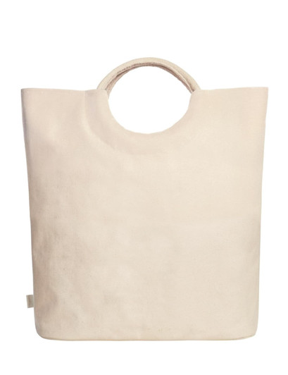 A beige tote bag with a rounded handle and a simple design; features a logo on the side.