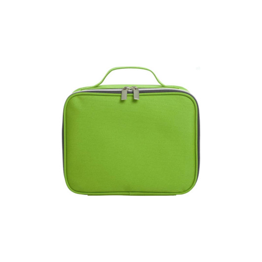 A green zipper bag with a handle and double zipper closure, featuring a logo on one side.