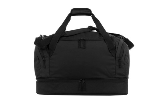A black duffle bag with multiple zip compartments and comfortable carry handles. It features a logo.