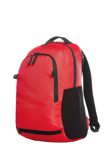 A red backpack with black accents, featuring multiple zippered pockets and adjustable straps.