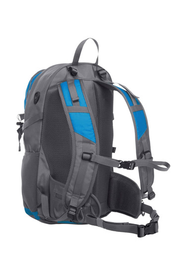 A Trail Backpack in grey with blue accents features padded straps and multiple adjustment points. It includes a logo.