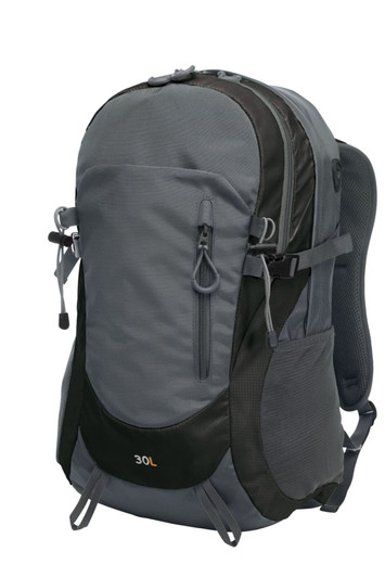 A grey and black Trail Backpack featuring multiple compartments and a logo. It has padded shoulder straps for comfort.