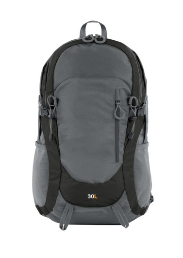 A grey Trail Backpack with black accents, featuring multiple compartments and a logo on the front.