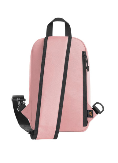 A pink backpack with black straps and a side zip pocket, featuring a branding logo.