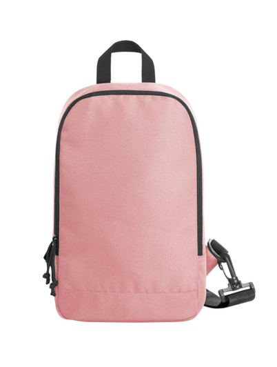 A pink backpack with a sleek design, featuring a black zipper and adjustable strap. It has a carrying handle on top.