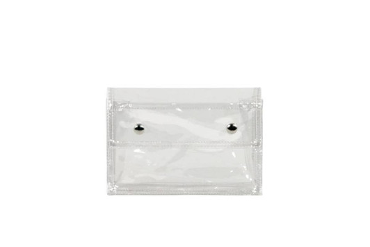 A clear plastic bag featuring press buttons, with two compartments and a transparent finish.