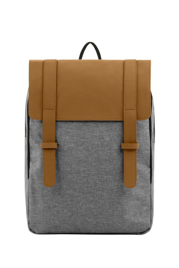 A grey laptop backpack with a brown faux leather flap and two front straps, featuring a simple design and logo.