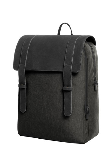 A black Urban Notebook Backpack with a flap cover and adjustable straps, featuring a logo.