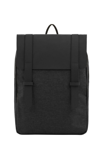A black Urban Notebook Backpack with a textured fabric and straps, featuring a sleek, modern design.