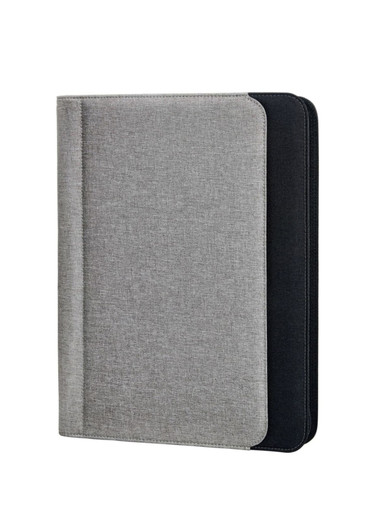 A grey and black work conference folder with a textured finish and a zipper closure. It features a logo on the front.