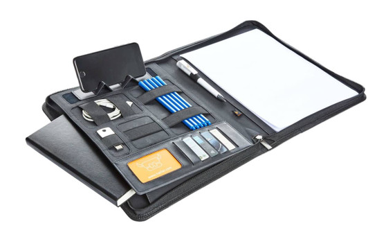 A black conference folder featuring compartments for a phone, pens, business cards, and notepads.