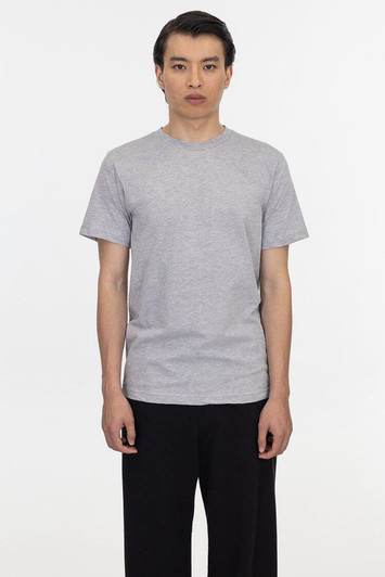 A grey short sleeve fine jersey crew tee displayed on a model, featuring a simple design and a logo.
