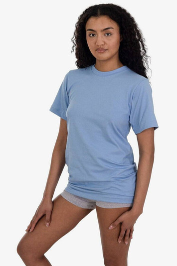 A short sleeve fine jersey crew tee in light blue, featuring a brand logo, displayed on a model.