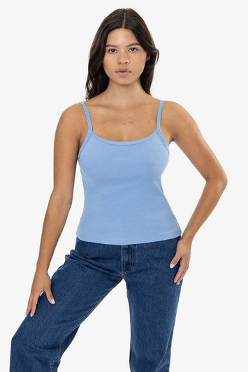A light blue spaghetti tank top worn by a model, paired with blue jeans, displayed against a plain background.