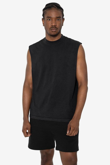 A sleeveless black tee displayed on a model, paired with black shorts. The product includes a logo.
