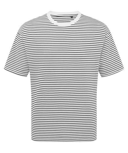 A striped oversized T-shirt in white and black, featuring a crew neckline and short sleeves.