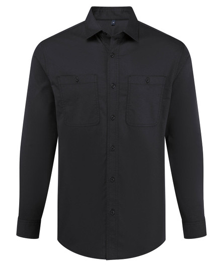 A black button-up shirt featuring long sleeves and two chest pockets, with a logo visible.