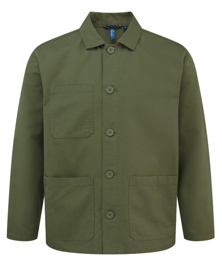 An olive green chore jacket featuring a button-up front and two large front pockets. It has a logo on the label.