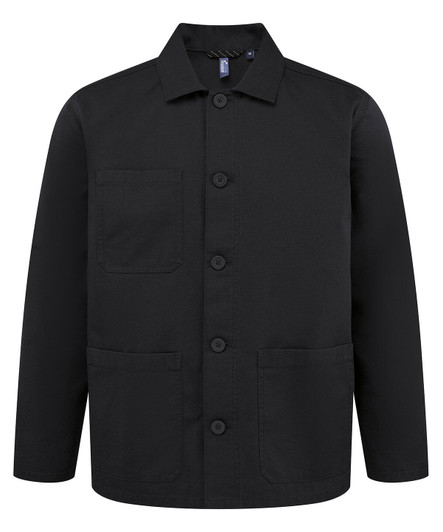 A black chore jacket with a collar, front buttons, and pockets, featuring a logo on the inside.