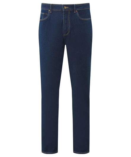 Straight-leg jeans in a dark blue wash, featuring contrasting stitching and a button closure. Includes a logo.