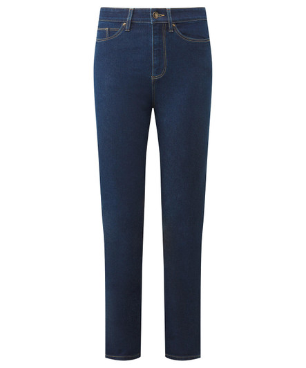 A pair of women's straight-leg jeans in dark blue denim with visible stitching and a front button.