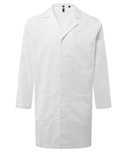 A white work coat featuring three pockets and a collar, designed for lab use. It includes a logo.