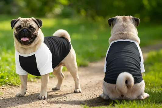 Two pugs wearing black and white raglan t-shirts are standing on a grassy path. One faces forward while the other is turned away.