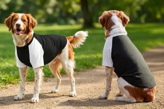 Two dogs wearing black and white raglan t-shirts, standing on a sunny path surrounded by greenery.