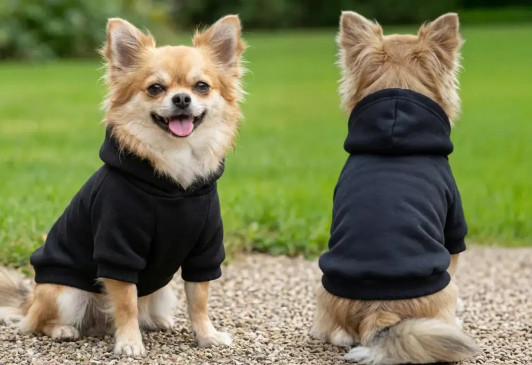 A black dog hoodie displayed on a Chihuahua, featuring a hood and rolled sleeves, with a logo on the front.
