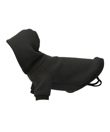 A black dog's hoodie featuring a hood and sleeves, designed for pet wear. The item has a simple, stylish design.