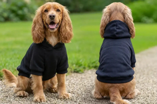 A pair of dogs wearing a black hoodie, one facing forward and the other sitting with its back to the viewer.