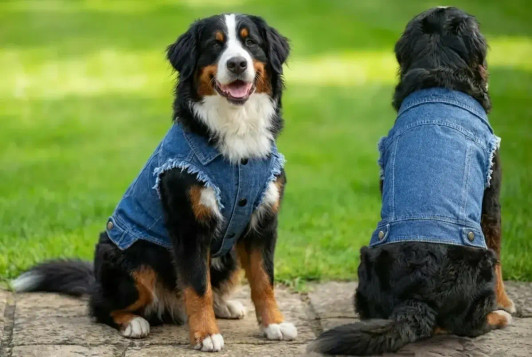 A denim jacket for dogs in blue, featuring a frayed hem and buttons, with a dog posed from two angles.