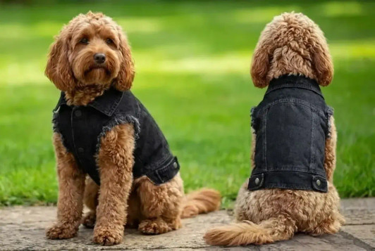 A black denim jacket designed for dogs, featuring a frayed hem, worn by two fluffy dogs from different angles.
