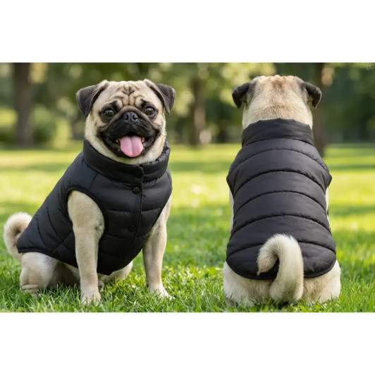A black puffer jacket designed for dogs, featuring a button-up front, displayed on two pugs outdoors.