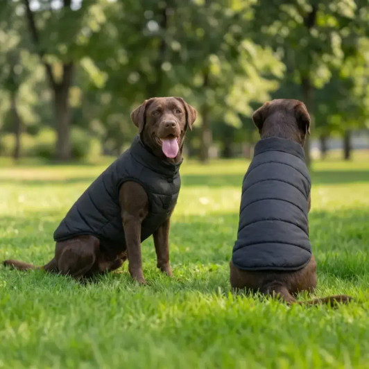 A black puffer jacket designed for dogs, shown on two brown dogs sitting in a grassy park.