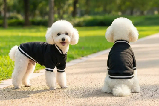 A black varsity jacket designed for dogs, displayed on two fluffy white dogs in a grassy park setting.